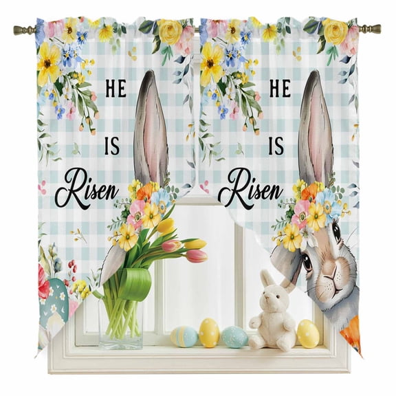 Happy Easter Swag Valance Curtains Spring Bunny He Is Risen Yellow Flower Floral Green Plaid Rod Pocket Swag Curtains Small Window Treatments for Kitchen Bathroom Bedroom 28" W x 36" L, 2 Panels