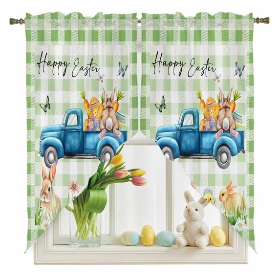 Happy Easter Swag Valance Curtains Watercolor Blue Truck Yellow Easter Eggs Bunny Chicken Green Plaid Rod Pocket Swag Curtains Small Window Treatments for Kitchen Bedroom 36" W x 63" L, 2 Panels