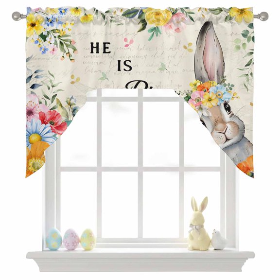 Happy Easter Swag Valances for Kitchen Window, Spring Bunny He Is Risen Yellow Flower Floral Beige Small Swag Valances Rod Pocket Curtain Drapes Window Treatment for Bedroom Bathroom, 56x36 Inch