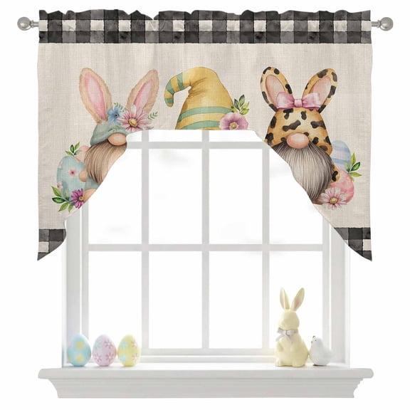 Happy Easter Swag Valances for Kitchen Window, Spring Gnome Eggs Floral Linen Texture Black Plaid Small Swag Valances Rod Pocket Curtain Drapes Window Treatment for Bedroom Bathroom, 56x36 Inch
