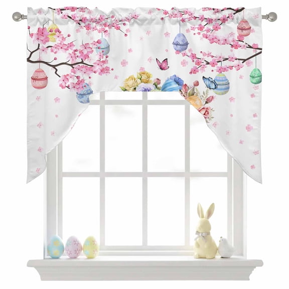 Happy Easter Swag Valances for Kitchen Window, Truck Load of Rose and Color Egg Small Swag Valances Rod Pocket Curtain Drapes Window Treatment for Bedroom Bathroom, 56x36 Inch