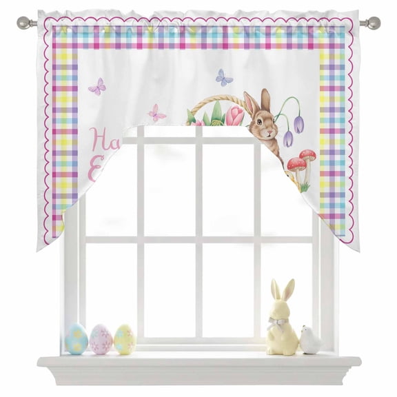 Happy Easter Swag Valances for Kitchen Window, Watercolor Spring Flower Basket Bunny Butterfly Egg Colorful Plaid Small Swag Valances Rod Pocket Curtain Drapes Window Treatment for Bedroom 56x36 Inch