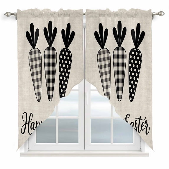 Happy Easter Swag Valances for Windows, Kitchen Curtains 36 Inch Length 2 Panels Set, Black Plaid Carrots Spring Country Beige Short Curtains for Small Windows Rod Pocket Cafe Curtains Drapes 28"x36"