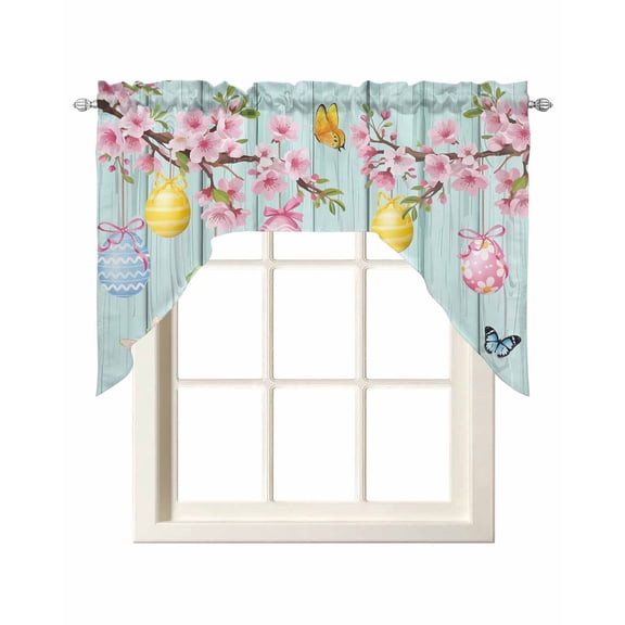 Happy Easter Swag Valances for Windows, Small Curtains Drapes, Spring Colorful Eggs Butterfly Teal Wood Grain Kitchen Window Curtains Over Sink Window Treatment Valance for Bedroom/Bathroom 56"x36"