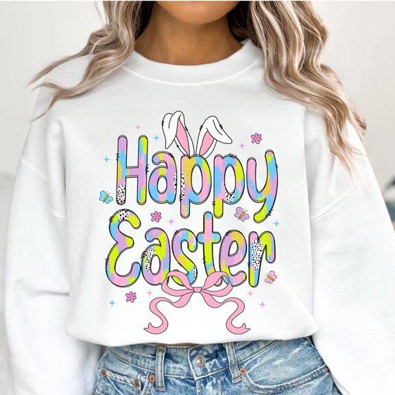 Happy Easter Sweatshirt, Coquette Easter Bunny Crewneck, Retro Easter Pullover, Brushstroke Easter Sweatshirt, Glitter Easter Shirt