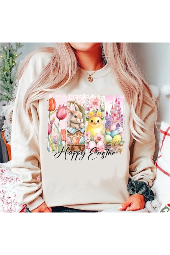 Happy Easter Sweatshirt, Retro Bunny Pullover, Floral Spring Coquette Sweatshirt, Cute Brushstroke Easter Apparel for Women