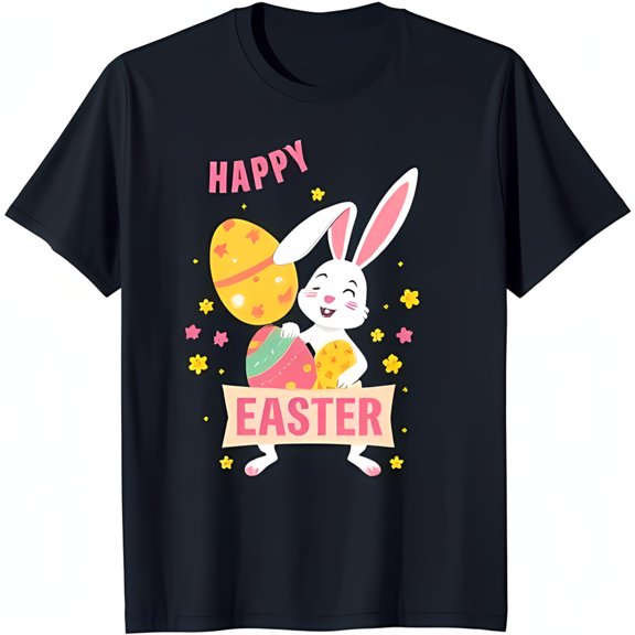 Happy Easter T-Shirt Cute White Rabbit with Colorful Eggs Design