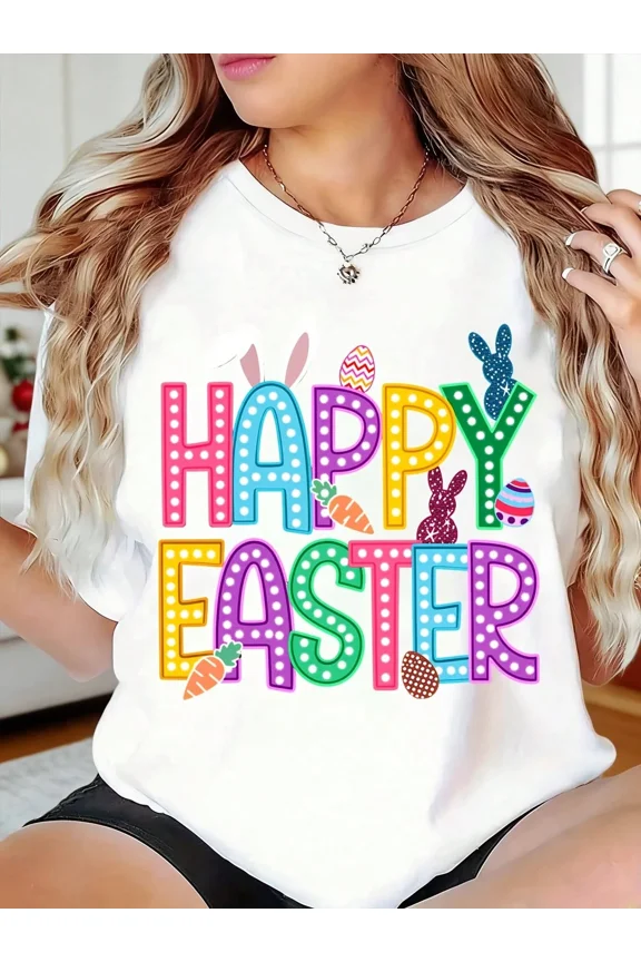 Happy Easter T-Shirt White Colorful Easter Bunny And Egg Print Casual Spring Festival Wear
