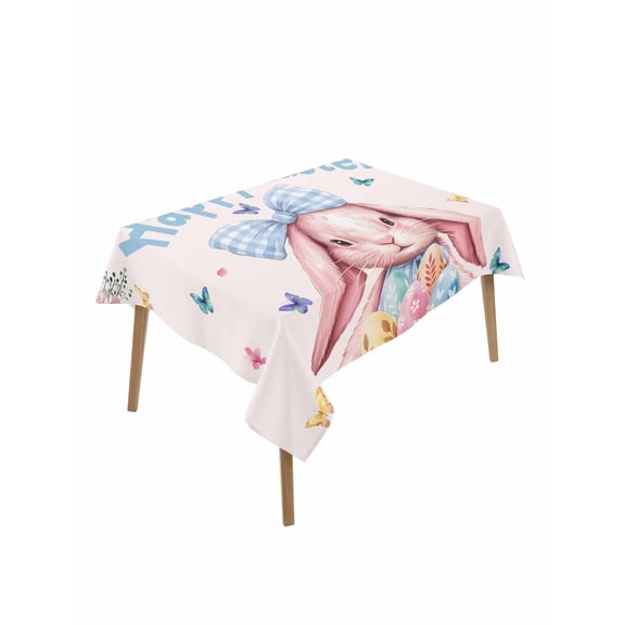 Happy Easter Table Cloth, Waterproof Tablecloth for Rectangle Tables, Cute Rabbits Eggs Flowers Butterflies Leaves Pink Reusable Washable Fabric Table Cover for Restaurant Kitchen Dining 52"x70"