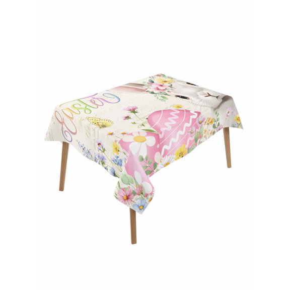 Happy Easter Table Cloth, Waterproof Tablecloth for Rectangle Tables, Spring Farmhouse Easter Bunny Eggs Floral Reusable Washable Fabric Table Cover for Restaurant Kitchen Dining Tables 52"x70"