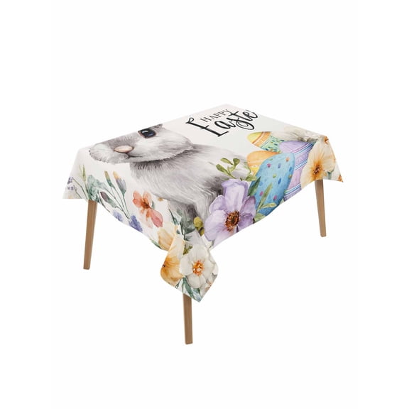 Happy Easter Table Cloth, Waterproof Tablecloth for Rectangle Tables, Spring Grey Bunny Colorful Eggs Flower Beige Reusable Washable Fabric Table Cover for Restaurant Kitchen Dining Tables 52"x70"