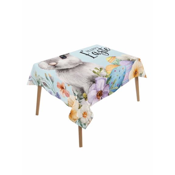 Happy Easter Table Cloth, Waterproof Tablecloth for Rectangle Tables, Spring Grey Bunny Colorful Eggs Flower Blue Reusable Washable Fabric Table Cover for Restaurant Kitchen Dining Tables 52"x70"