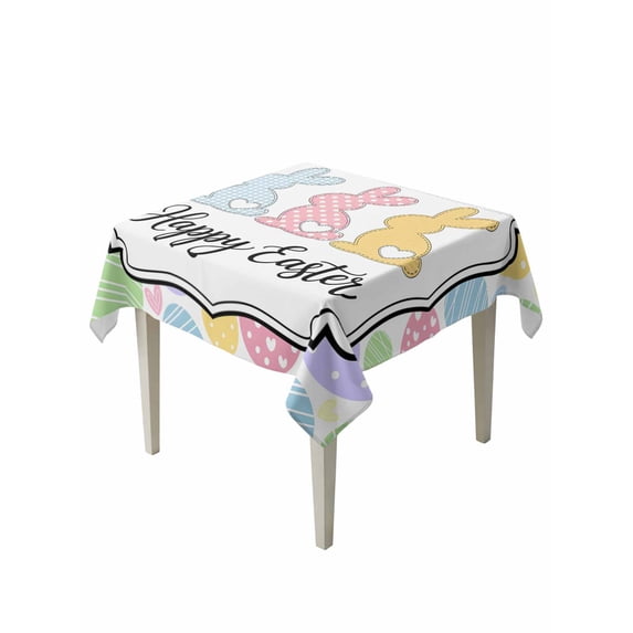 Happy Easter Table Cloth, Waterproof Tablecloth for Square Tables, Cute Lovely Colorful Rabbits Silhouette Eggs Reusable Washable Fabric Table Cover for Restaurant Kitchen Dining Tables 54"x54"