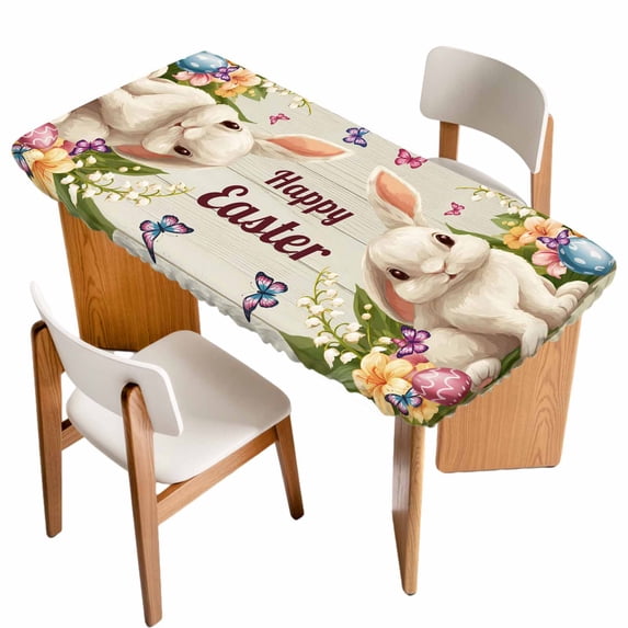 Happy Easter Table Cloths for 3 Foot Rectangle Tables, Bunny Eggs Spring Flowers Butterfly Wooden Grain Patio Waterproof Elastic Fitted Tablecloths, Washable Rectangular Table Cover for Camping