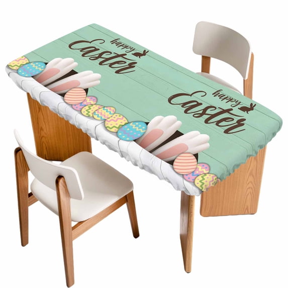 Happy Easter Table Cloths for 3 Foot Rectangle Tables, Colorful Spring Eggs Green Wooden Patio Waterproof Elastic Fitted Tablecloths, Washable Rectangular Table Cover for Camping