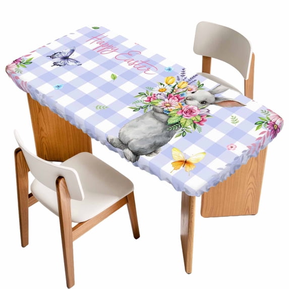 Happy Easter Table Cloths for 3 Foot Rectangle Tables, Cute Bunny Spring Flowers Butterfly Purple Plaid Patio Waterproof Elastic Fitted Tablecloths, Washable Rectangular Table Cover for Camping