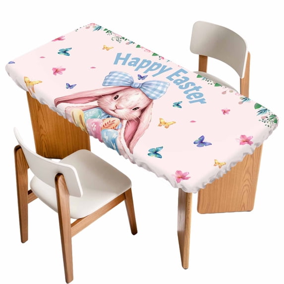 Happy Easter Table Cloths for 3 Foot Rectangle Tables, Cute Rabbits Eggs Flowers Butterflies Leaves Pink Patio Waterproof Elastic Fitted Tablecloths, Washable Rectangular Table Cover for Camping