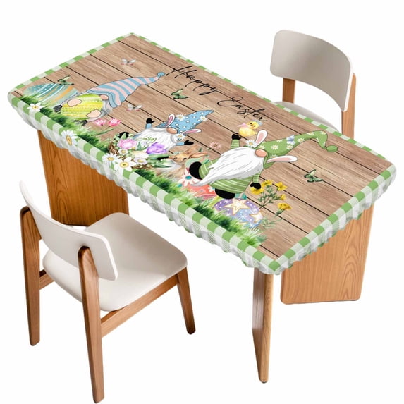 Happy Easter Table Cloths for 3 Foot Rectangle Tables, Gnomes Rabbit Flowers Green Check Wooden Patio Waterproof Elastic Fitted Tablecloths, Washable Rectangular Table Cover for Camping