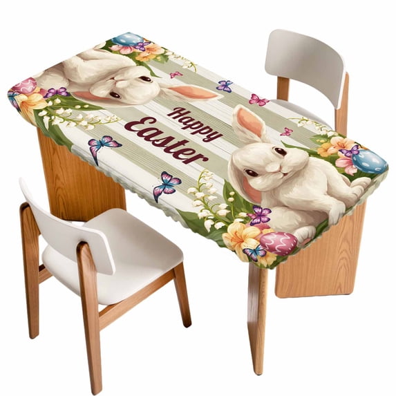 Happy Easter Table Cloths for 3 Foot Rectangle Tables, Rabbit Eggs Spring Flowers Butterfly Striped Patio Waterproof Elastic Fitted Tablecloths, Washable Rectangular Table Cover for Camping