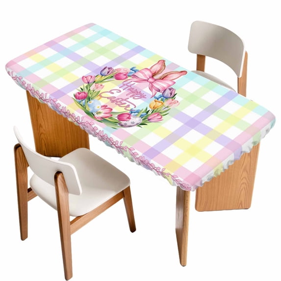 Happy Easter Table Cloths for 3 Foot Rectangle Tables, Rabbits Bows Tulips Eggs Colorful Stripes Patio Waterproof Elastic Fitted Tablecloths, Washable Rectangular Table Cover for Camping