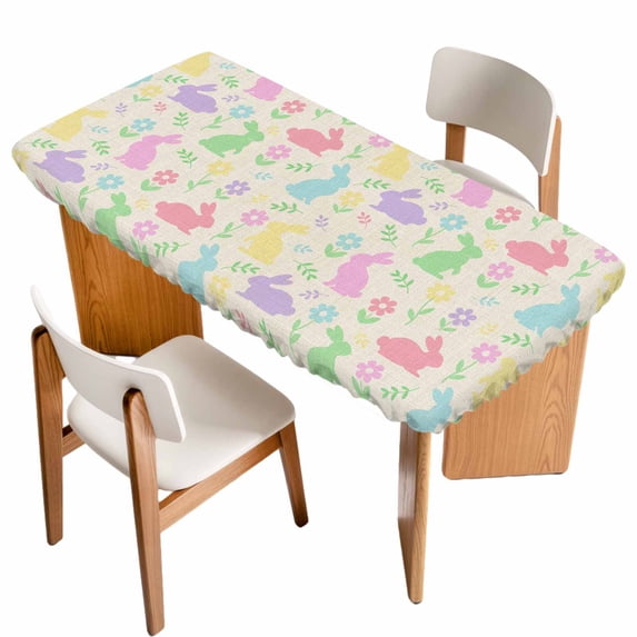 Happy Easter Table Cloths for 3 Foot Rectangle Tables, Spring Colorful Bunny Floral Rustic Burlap Patio Waterproof Elastic Fitted Tablecloths, Washable Rectangular Table Cover for Camping