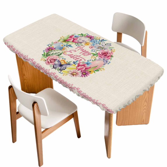 Happy Easter Table Cloths for 3 Foot Rectangle Tables, Spring Flower Pastoral Butterfly Retro Beige Patio Waterproof Elastic Fitted Tablecloths, Washable Rectangular Table Cover for Camping