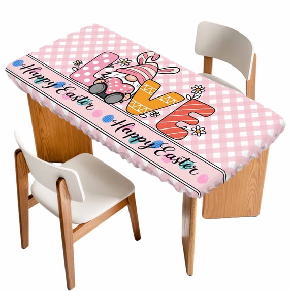 Happy Easter Table Cloths for 3 Foot Rectangle Tables, Spring Gnomes Rabbits Eggs Love Flowers Pink Patio Waterproof Elastic Fitted Tablecloths, Washable Rectangular Table Cover for Camping