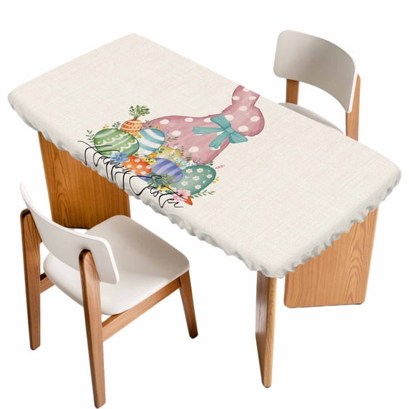 Happy Easter Table Cloths for 3 Foot Rectangle Tables, Spring Polka Dots Bunny Easter Eggs Rustic Patio Waterproof Elastic Fitted Tablecloths, Washable Rectangular Table Cover for Camping
