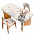 thumbnail image 1 of Happy Easter Table Cloths for 3 Foot Rectangle Tables, Spring Rabbits Polka Dots Beige Burlap Patio Waterproof Elastic Fitted Tablecloths, Washable Rectangular Table Cover for Camping, 1 of 8