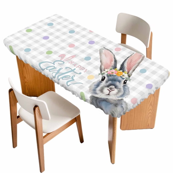 Happy Easter Table Cloths for 3 Foot Rectangle Tables, Spring Rabbits Polka Dots Gray Plaid Patio Waterproof Elastic Fitted Tablecloths, Washable Rectangular Table Cover for Camping