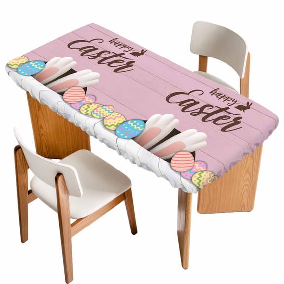 Happy Easter Table Cloths for 4 Foot Rectangle Tables, Colorful Spring Eggs Pink Wooden Patio Waterproof Elastic Fitted Tablecloths, Washable Rectangular Table Cover for Camping