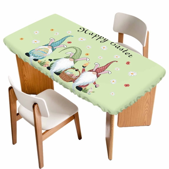 Happy Easter Table Cloths for 4 Foot Rectangle Tables, Cute Gnomes Eggs Spring Daisy Flowers Green Patio Waterproof Elastic Fitted Tablecloths, Washable Rectangular Table Cover for Camping