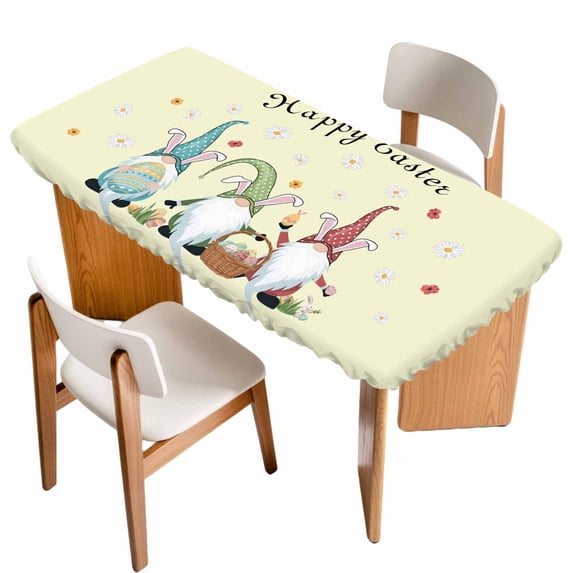 Happy Easter Table Cloths for 4 Foot Rectangle Tables, Cute Gnomes Eggs Spring Daisy Flowers Yellow Patio Waterproof Elastic Fitted Tablecloths, Washable Rectangular Table Cover for Camping