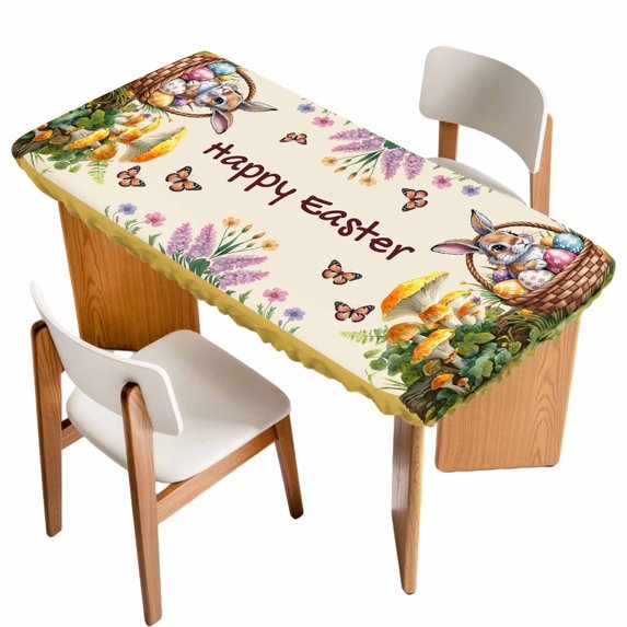 Happy Easter Table Cloths for 4 Foot Rectangle Tables, Rabbit Eggs Spring Mushrooms Flowers Yellow Patio Waterproof Elastic Fitted Tablecloths, Washable Rectangular Table Cover for Camping