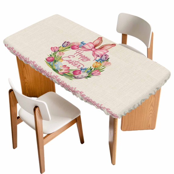 Happy Easter Table Cloths for 4 Foot Rectangle Tables, Rabbits Bows Spring Tulips Eggs Retro Patio Waterproof Elastic Fitted Tablecloths, Washable Rectangular Table Cover for Camping