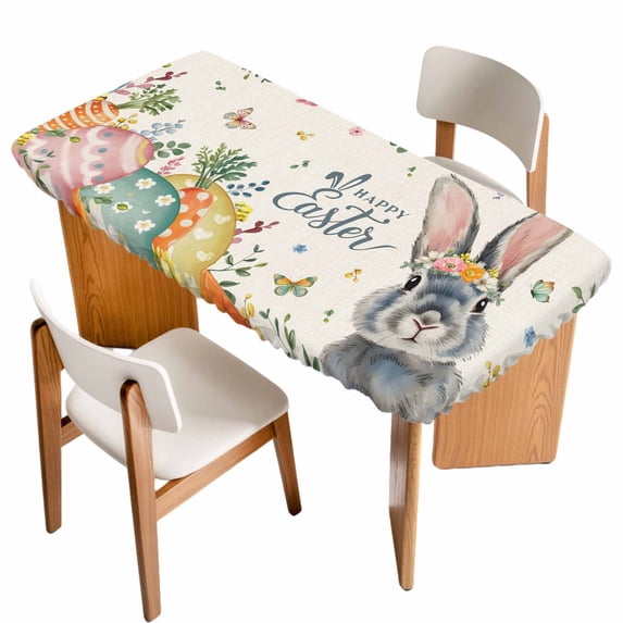 Happy Easter Table Cloths for 4 Foot Rectangle Tables, Spring Bunny Easter Eggs Floral Beige Burlap Patio Waterproof Elastic Fitted Tablecloths, Washable Rectangular Table Cover for Camping