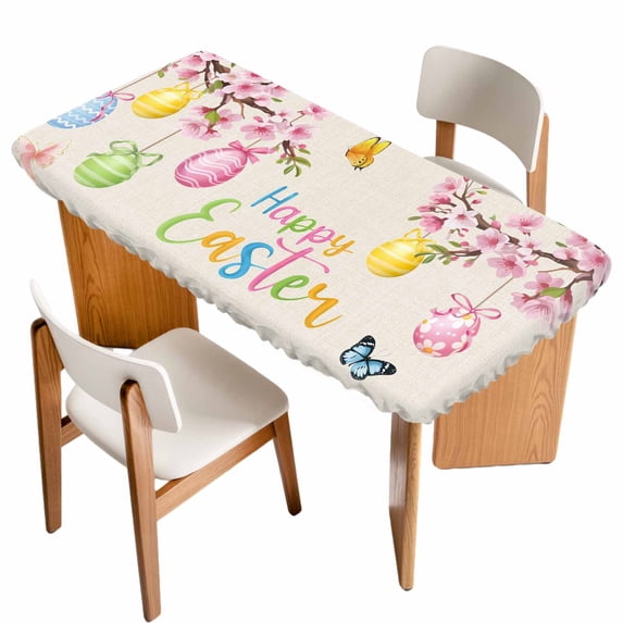 Happy Easter Table Cloths for 4 Foot Rectangle Tables, Spring Colorful Eggs Butterfly on Linen Patio Waterproof Elastic Fitted Tablecloths, Washable Rectangular Table Cover for Camping