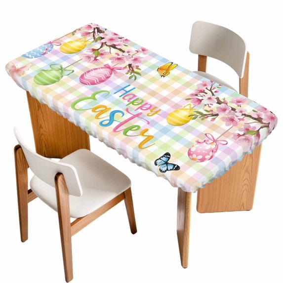 Happy Easter Table Cloths for 4 Foot Rectangle Tables, Spring Colorful Eggs Butterfly Plaid Checkered Patio Waterproof Elastic Fitted Tablecloths, Washable Rectangular Table Cover for Camping