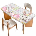 thumbnail image 1 of Happy Easter Table Cloths for 4 Foot Rectangle Tables, Spring Easter Bunny Eggs Floral Gray Wooden Patio Waterproof Elastic Fitted Tablecloths, Washable Rectangular Table Cover for Camping, 1 of 8