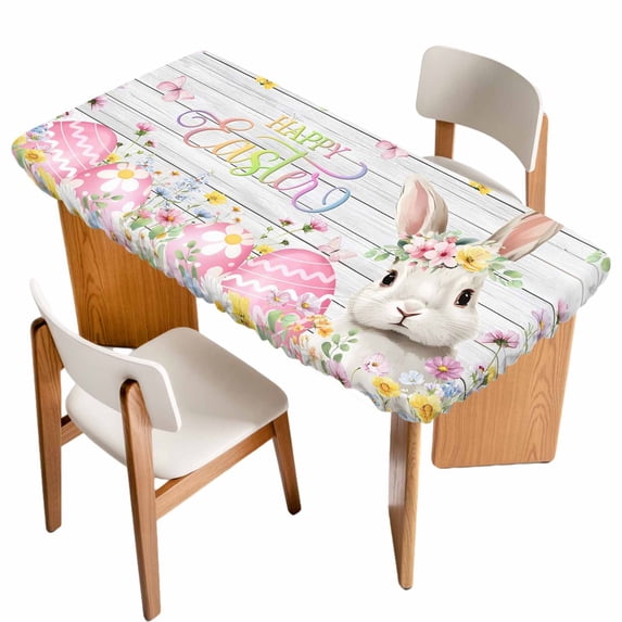 Happy Easter Table Cloths for 4 Foot Rectangle Tables, Spring Easter Bunny Eggs Floral Gray Wooden Patio Waterproof Elastic Fitted Tablecloths, Washable Rectangular Table Cover for Camping