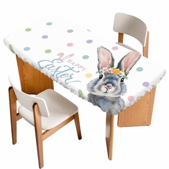 Happy Easter Table Cloths for 4 Foot Rectangle Tables, Spring Rabbits Polka Dots Watercolor Patio Waterproof Elastic Fitted Tablecloths, Washable Rectangular Table Cover for Camping