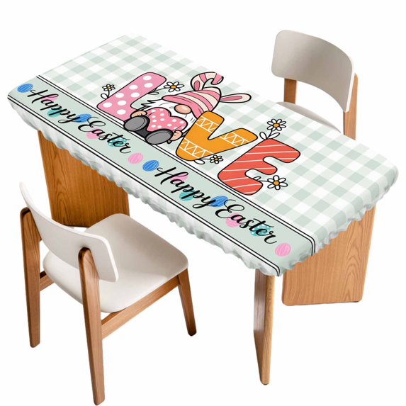 Happy Easter Table Cloths for 4 Foot Rectangle Tables, Watercolor Gnomes Rabbits Eggs Love Green Plaid Patio Waterproof Elastic Fitted Tablecloths, Washable Rectangular Table Cover for Camping