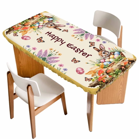 Happy Easter Table Cloths for 5 Foot Rectangle Tables, Bunny Eggs Spring Mushrooms Floral Rustic Yellow Patio Waterproof Elastic Fitted Tablecloths, Washable Rectangular Table Cover for Camping