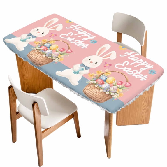 Happy Easter Table Cloths for 5 Foot Rectangle Tables, Cute Bunny Colorful Eggs Spring Flowers Pink Blue Patio Waterproof Elastic Fitted Tablecloths, Washable Rectangular Table Cover for Camping