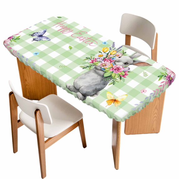 Happy Easter Table Cloths for 5 Foot Rectangle Tables, Cute Bunny Spring Flowers Butterfly Green Plaid Patio Waterproof Elastic Fitted Tablecloths, Washable Rectangular Table Cover for Camping