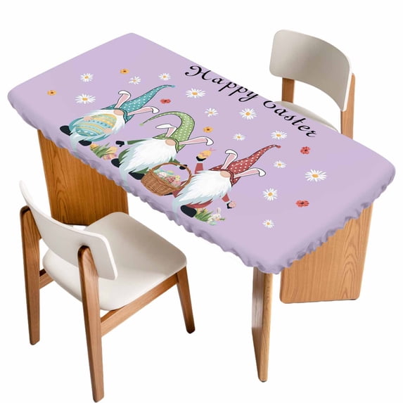 Happy Easter Table Cloths for 5 Foot Rectangle Tables, Cute Gnomes Eggs Spring Daisy Flowers Purple Patio Waterproof Elastic Fitted Tablecloths, Washable Rectangular Table Cover for Camping