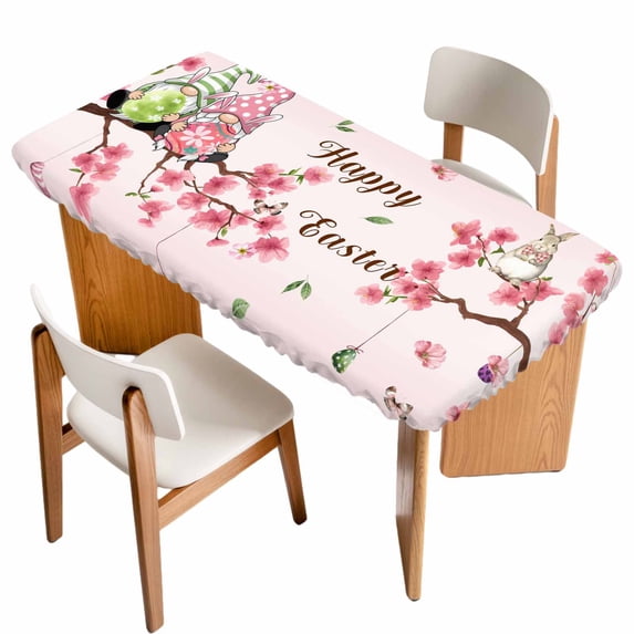 Happy Easter Table Cloths for 5 Foot Rectangle Tables, Pink Spring Gnomes Eggs Flower Branch Rabbit Patio Waterproof Elastic Fitted Tablecloths, Washable Rectangular Table Cover for Camping