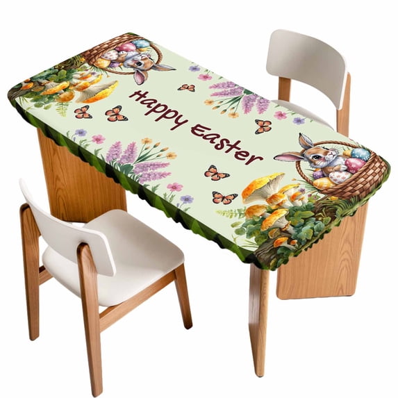 Happy Easter Table Cloths for 5 Foot Rectangle Tables, Rabbit Eggs Spring Mushrooms Botanical Green Plaid Patio Waterproof Elastic Fitted Tablecloths, Washable Rectangular Table Cover for Camping