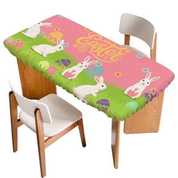 Happy Easter Table Cloths for 5 Foot Rectangle Tables, Rabbits Eggs Spring Daisy Floral Grass Pink Patio Waterproof Elastic Fitted Tablecloths, Washable Rectangular Table Cover for Camping