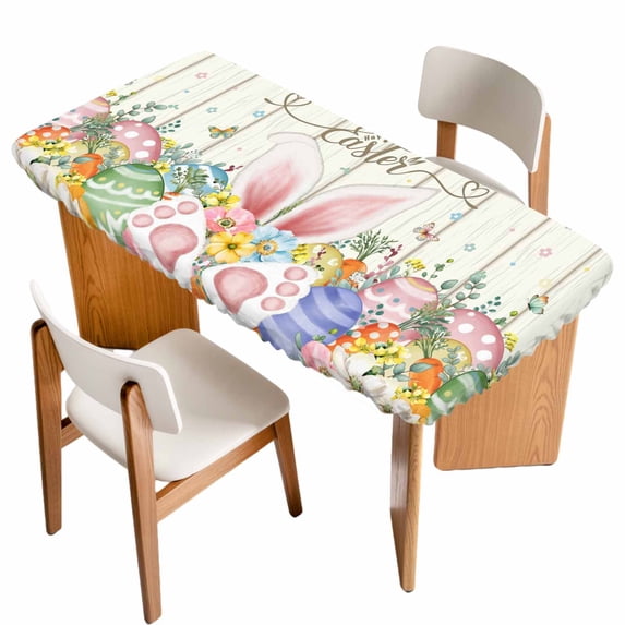 Happy Easter Table Cloths for 5 Foot Rectangle Tables, Spring Colorful Eggs Rabbit Ear Feet Flowers Patio Waterproof Elastic Fitted Tablecloths, Washable Rectangular Table Cover for Camping